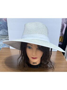 Anne Klein White Metallic Wide-Brim Sun Hat with Pony Tail Opening